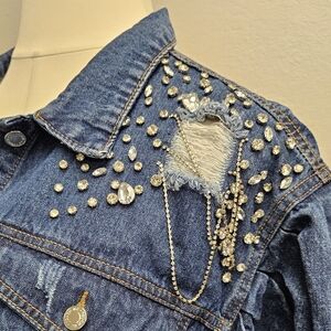 PLUS SIZE TOUCH ME Bedazzled & DISTRESSED Denim Jacket